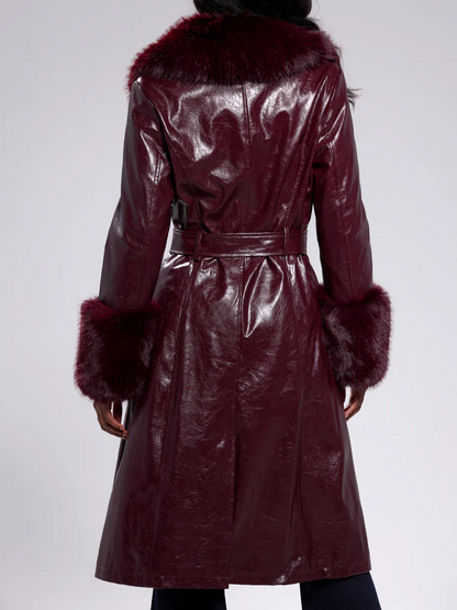 Burgundy Fur-Trimmed Trench Coat