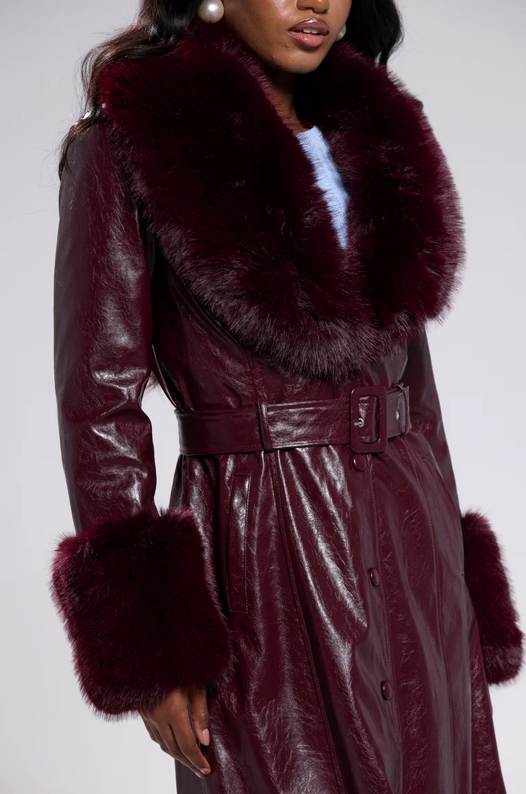 Burgundy Fur-Trimmed Trench Coat
