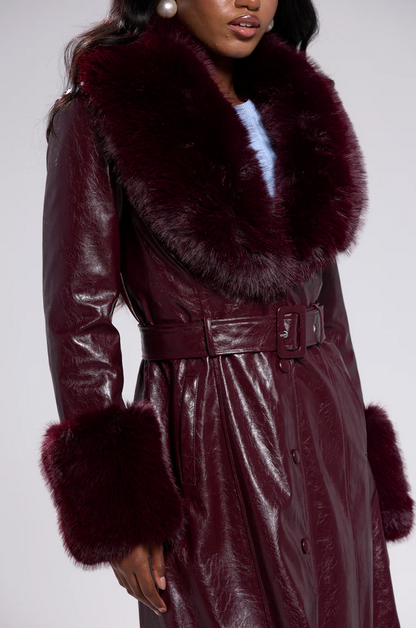 Burgundy Fur-Trimmed Trench Coat