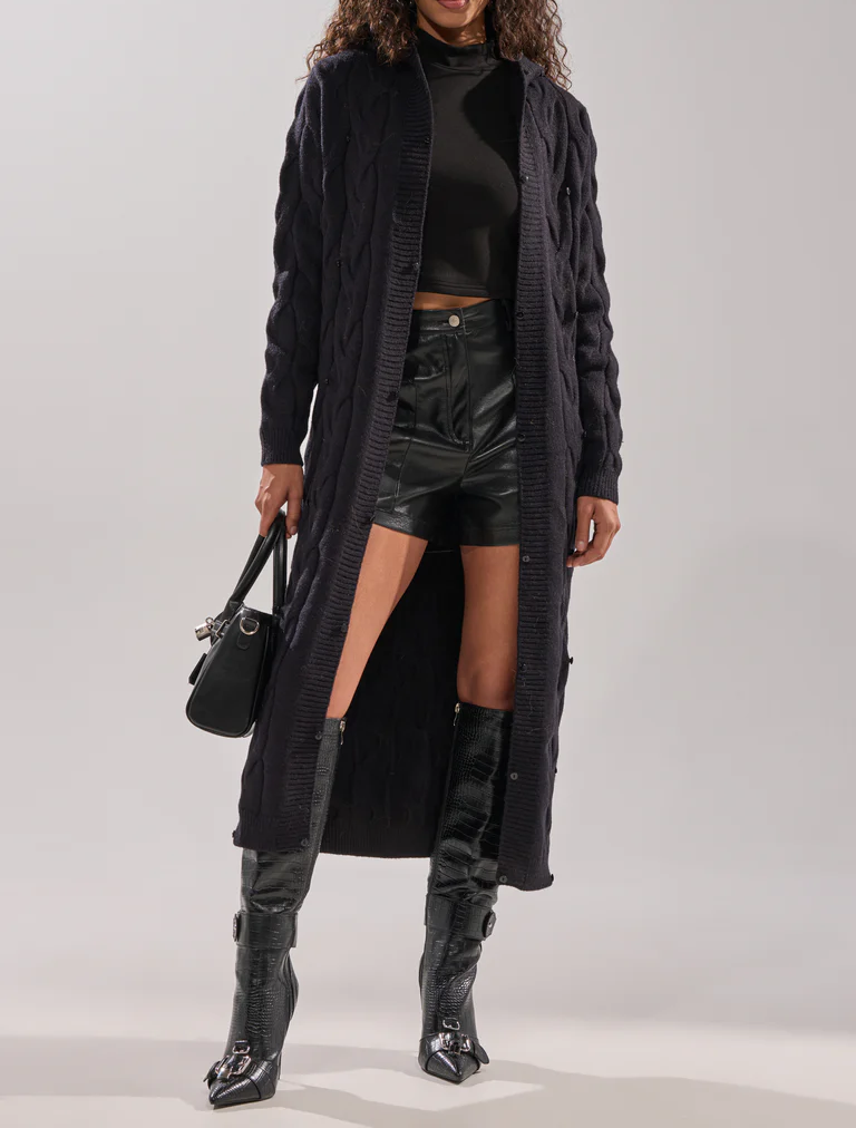 Warm Long-Length Knit Fleece Cardigan