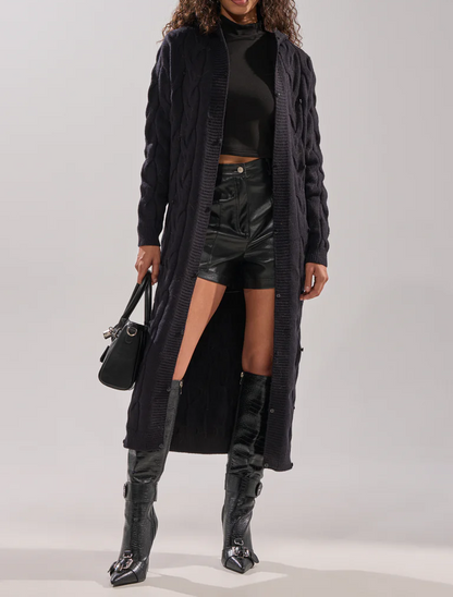 Warm Long-Length Knit Fleece Cardigan