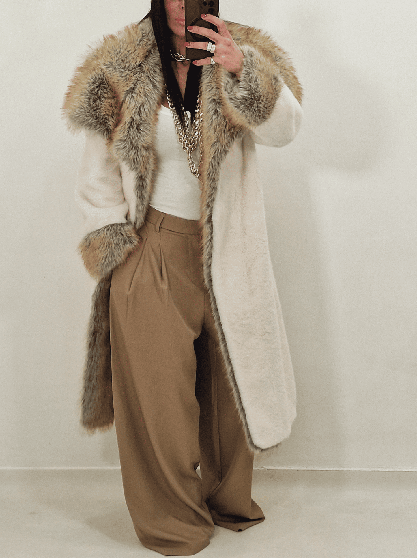 Wide-Collar Faux Fur Coat