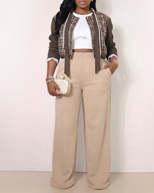 Pearl Trim Plaid Bomber