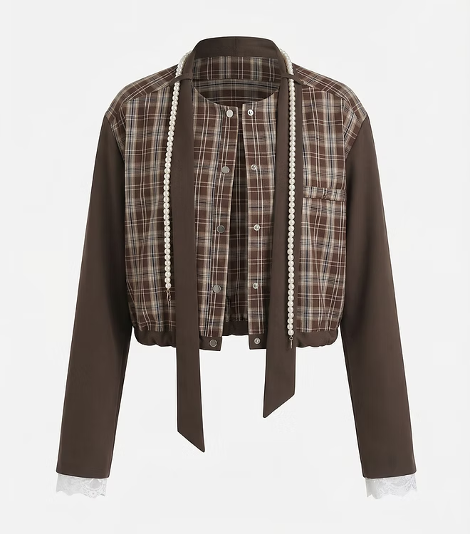 Pearl Trim Plaid Bomber