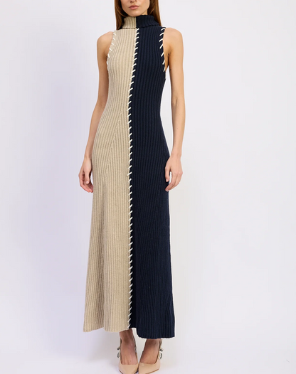 Contrast-Color Knit Maxi Dress