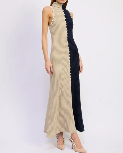 Contrast-Color Knit Maxi Dress