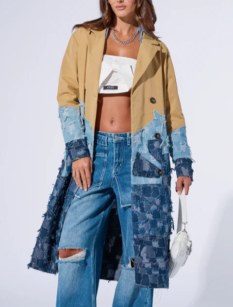 Patchwork Denim Trench Coat