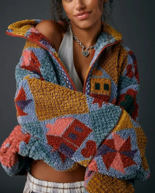Printed Piled Fleece Zip-Up Jacket