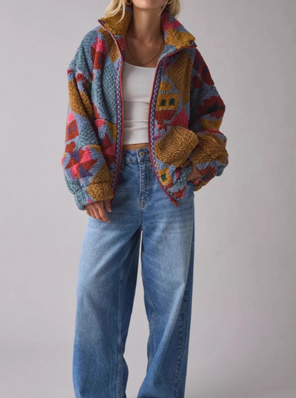 Printed Piled Fleece Zip-Up Jacket