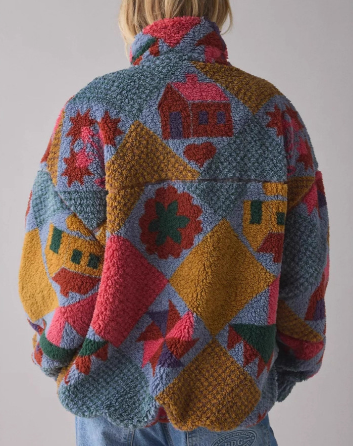 Printed Piled Fleece Zip-Up Jacket
