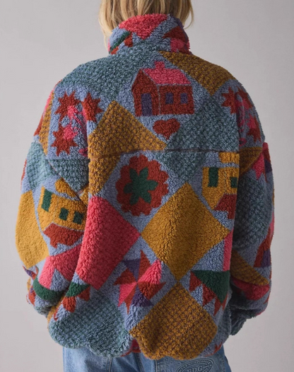 Printed Piled Fleece Zip-Up Jacket