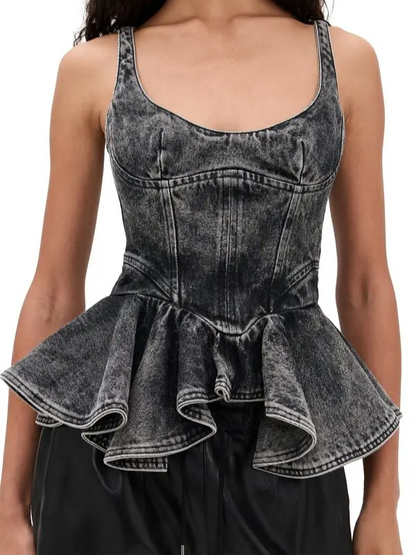 Asymmetrical Hem Denim Waist-Defining Top