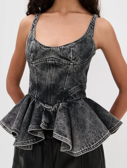Asymmetrical Hem Denim Waist-Defining Top