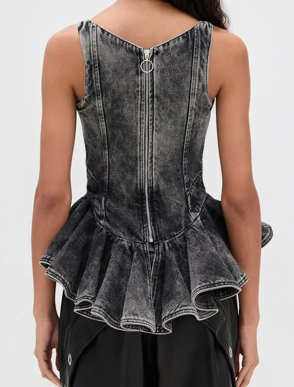 Asymmetrical Hem Denim Waist-Defining Top