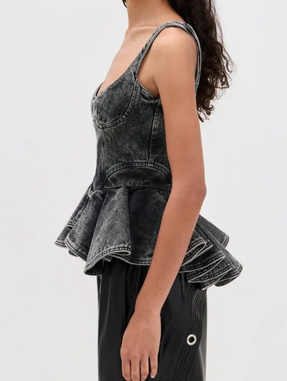 Asymmetrical Hem Denim Waist-Defining Top