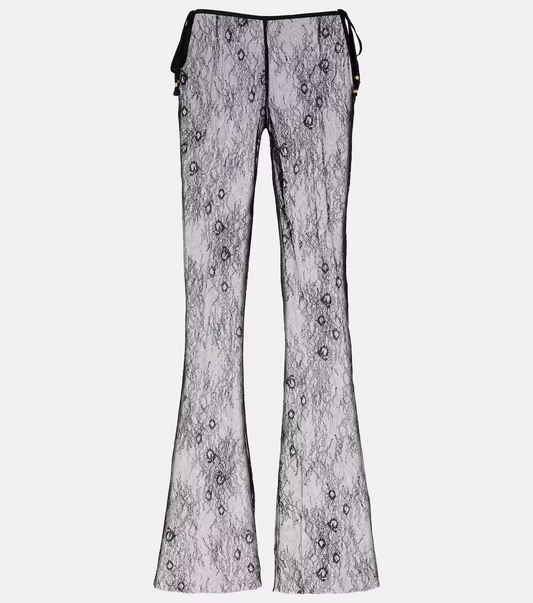 Gray  Sheer Lace Wide-Leg Pants