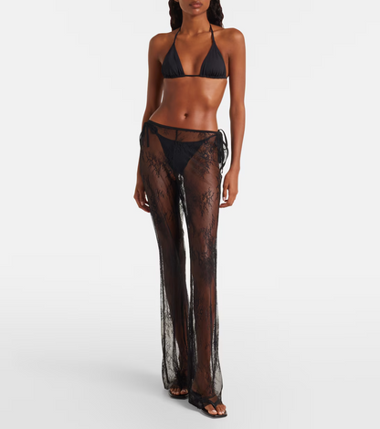 Gray  Sheer Lace Wide-Leg Pants
