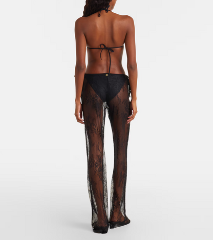 Gray  Sheer Lace Wide-Leg Pants