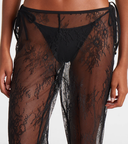 Gray  Sheer Lace Wide-Leg Pants