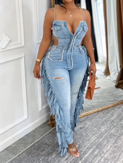 Strappy Denim Fringe Jumpsuit