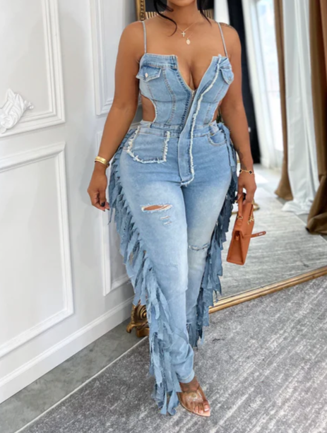 Strappy Denim Fringe Jumpsuit