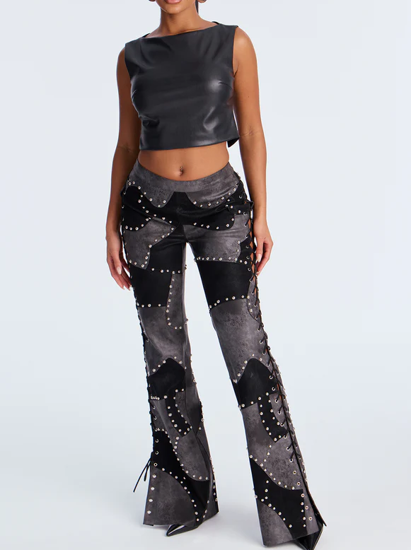 Faux Leather Patchwork Flare Pants