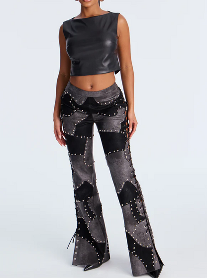 Faux Leather Patchwork Flare Pants