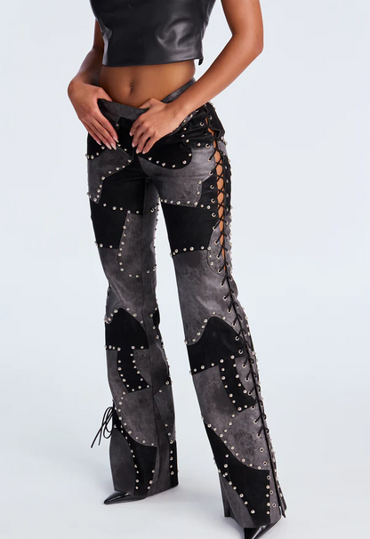 Faux Leather Patchwork Flare Pants