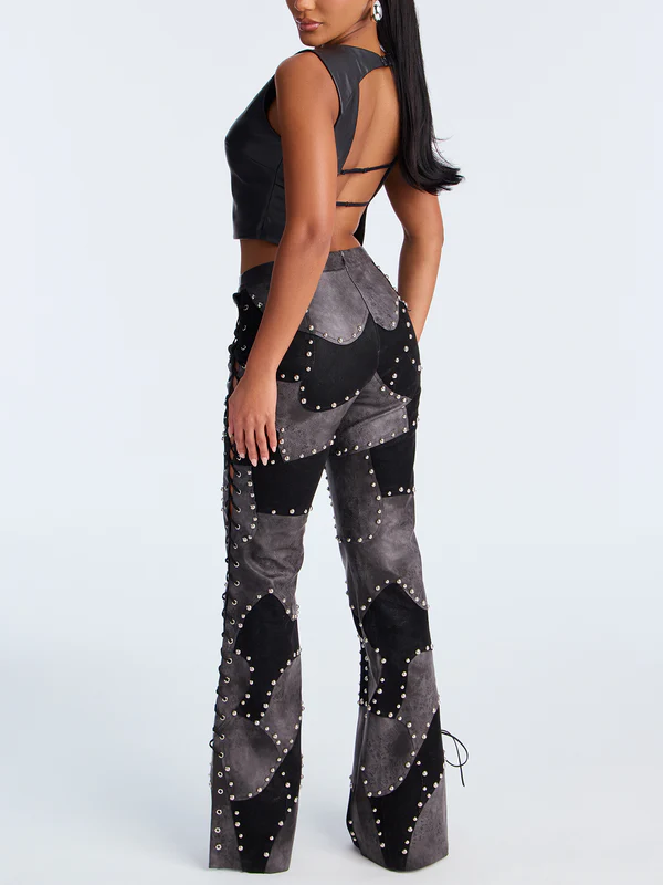 Faux Leather Patchwork Flare Pants