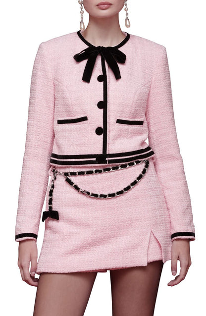 Tweed Crop Bow Trim Jacket+Tweed Skort