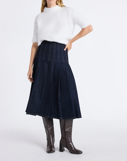Pleated Denim Maxi Skirt
