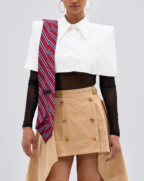 Button-down collar shirt + asymmetrical skirt