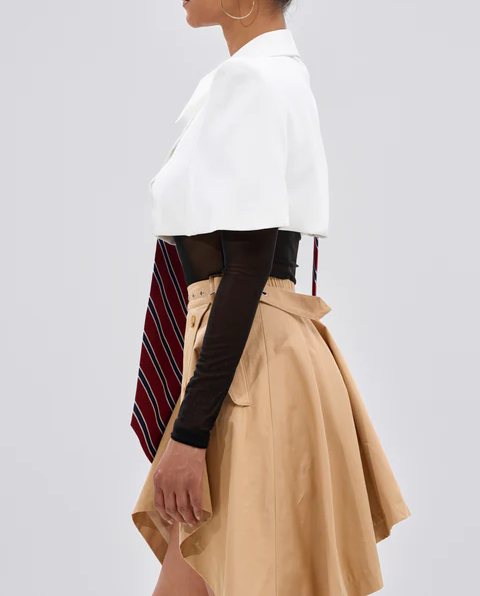 Button-down collar shirt + asymmetrical skirt
