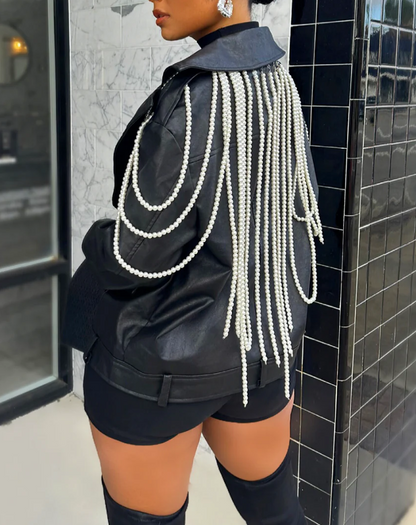 Detachable Pearl Leather Jacket