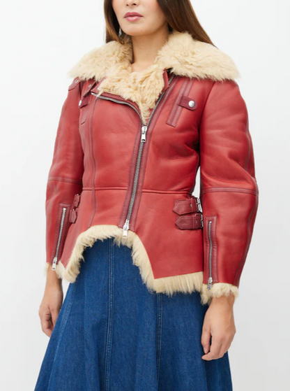 Red Leather & Shearling Biker Jacket