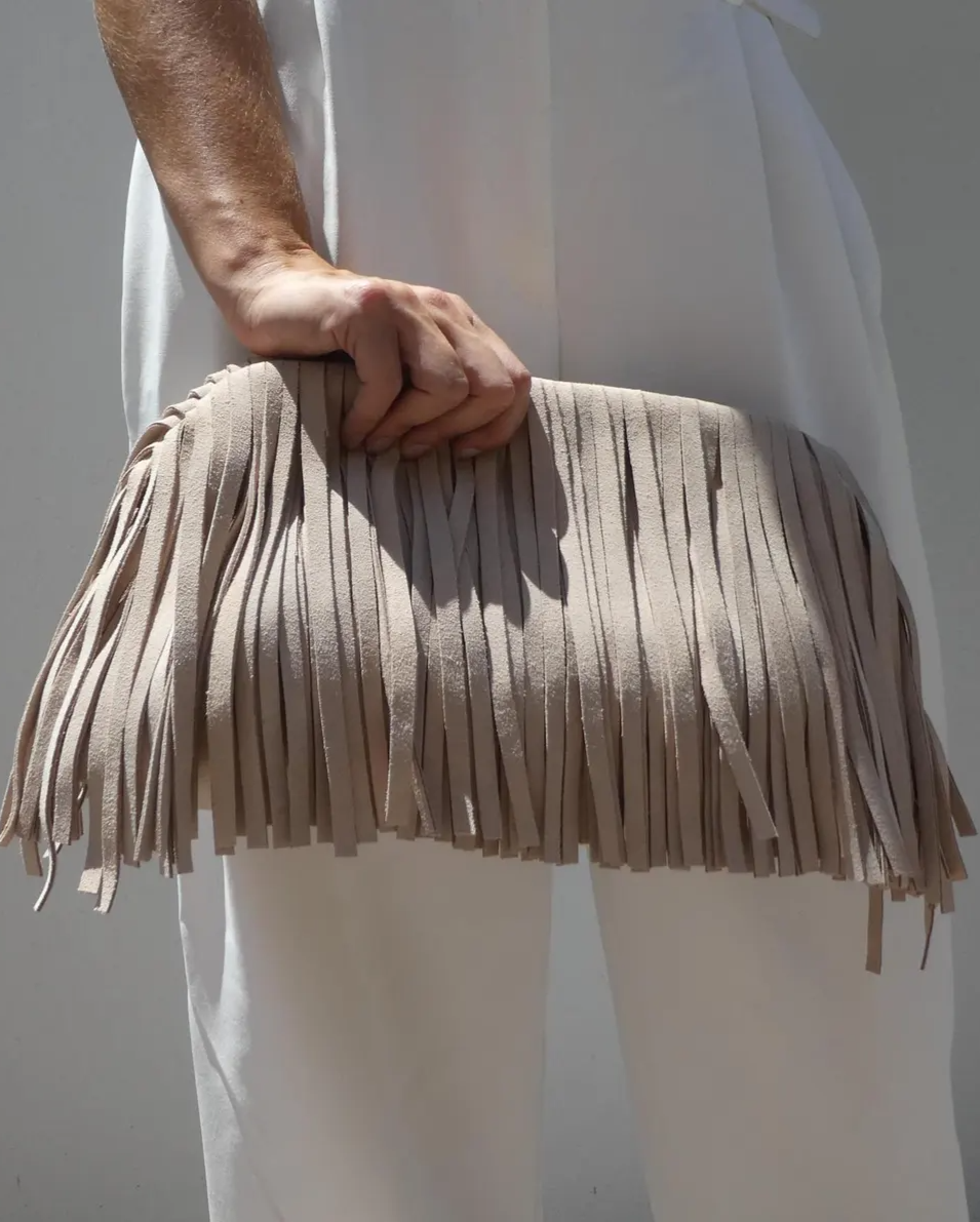 Handmade suede tassel fringe clutch