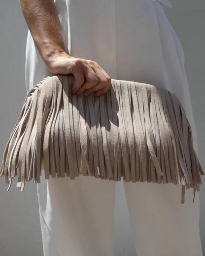 Handmade suede tassel fringe clutch