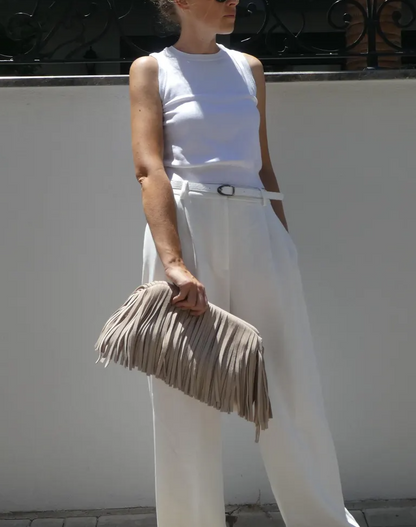 Handmade suede tassel fringe clutch