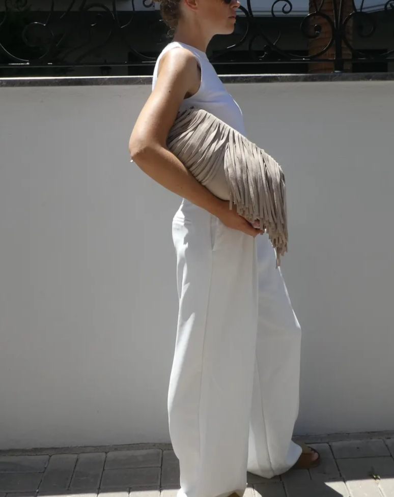 Handmade suede tassel fringe clutch