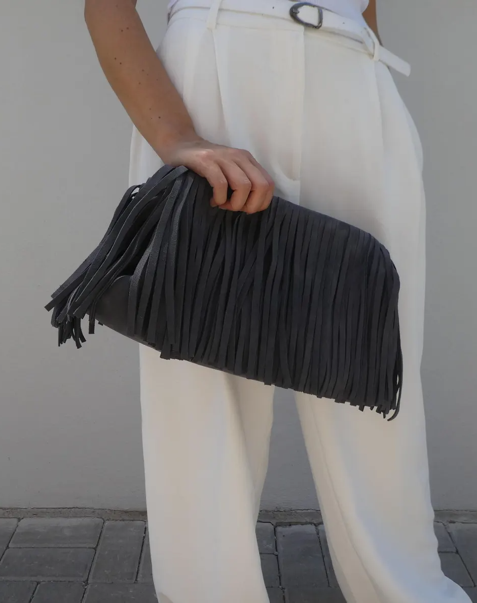Handmade suede tassel fringe clutch