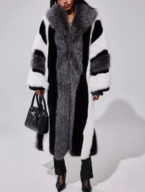 Black and White Contrasting Faux Fur Coat