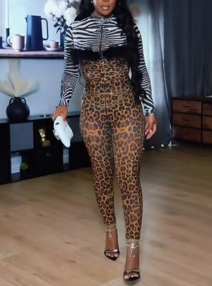 Zebra & Leopard-Print Patchwork Jumpsuit