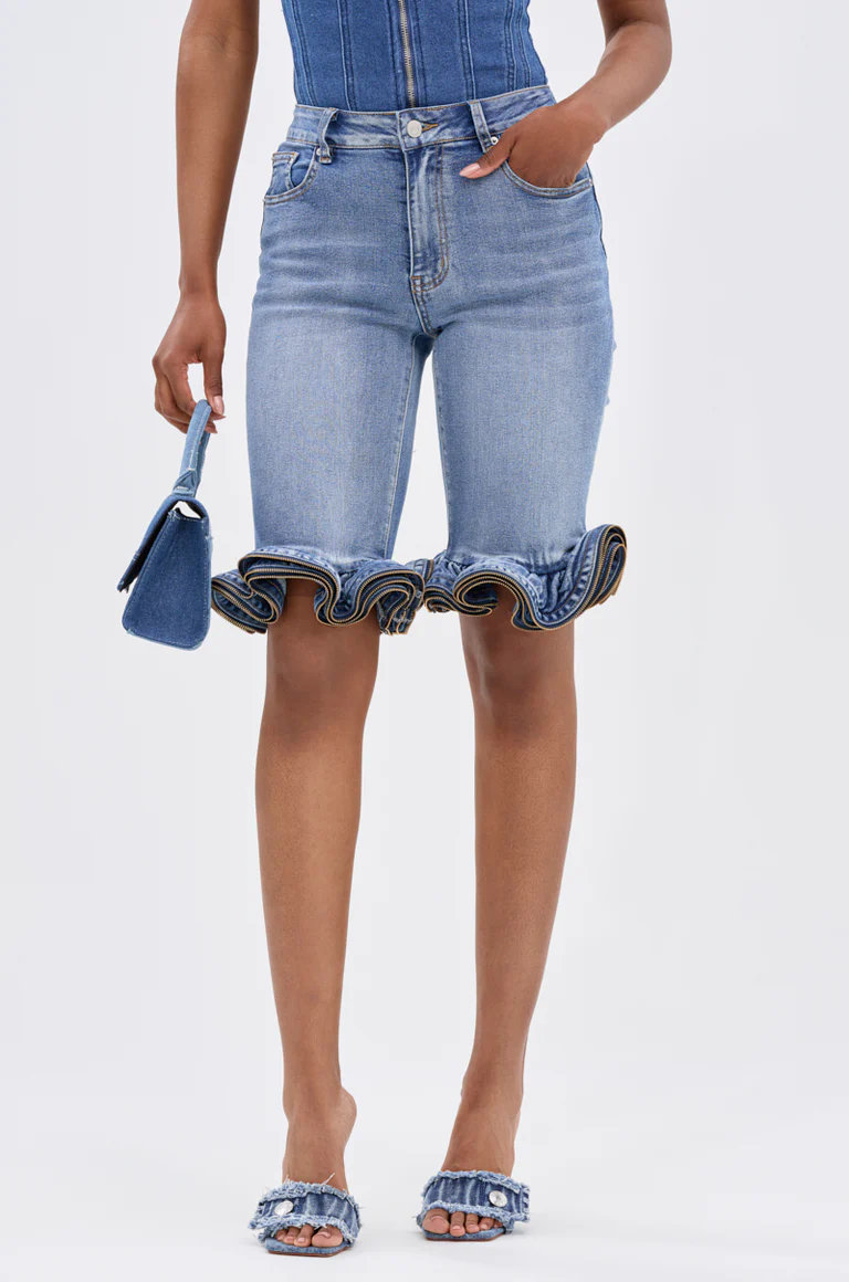 Denim Ruffled Zipper Short