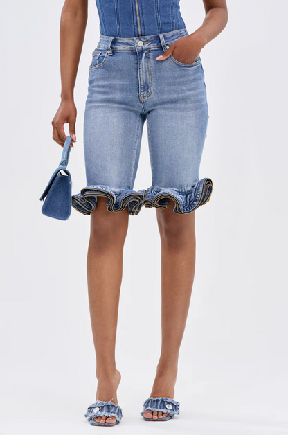 Denim Ruffled Zipper Short
