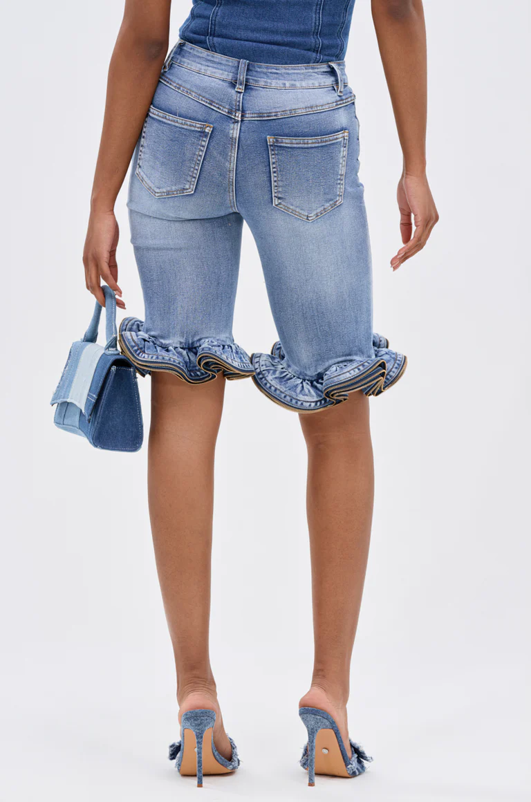 Denim Ruffled Zipper Short