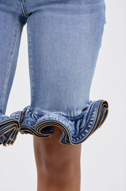 Denim Ruffled Zipper Short