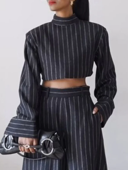 Long-Sleeved Split-Joint Striped Two-Piece Set