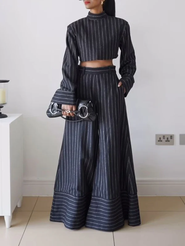 Long-Sleeved Split-Joint Striped Two-Piece Set