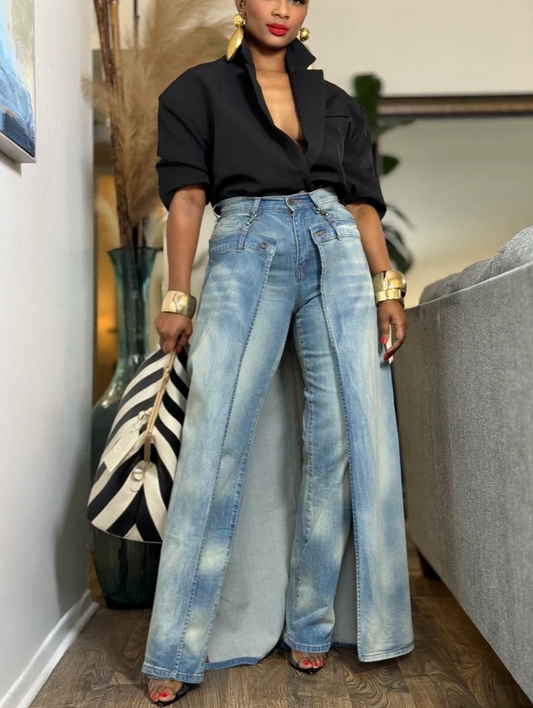 Denim skirt-style pants