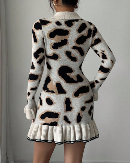 Leopard Print Knit Ruffle Hem dress